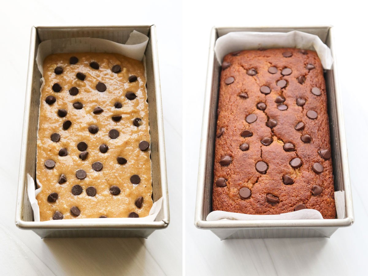 almond flour banana bread before and after baking in pan.