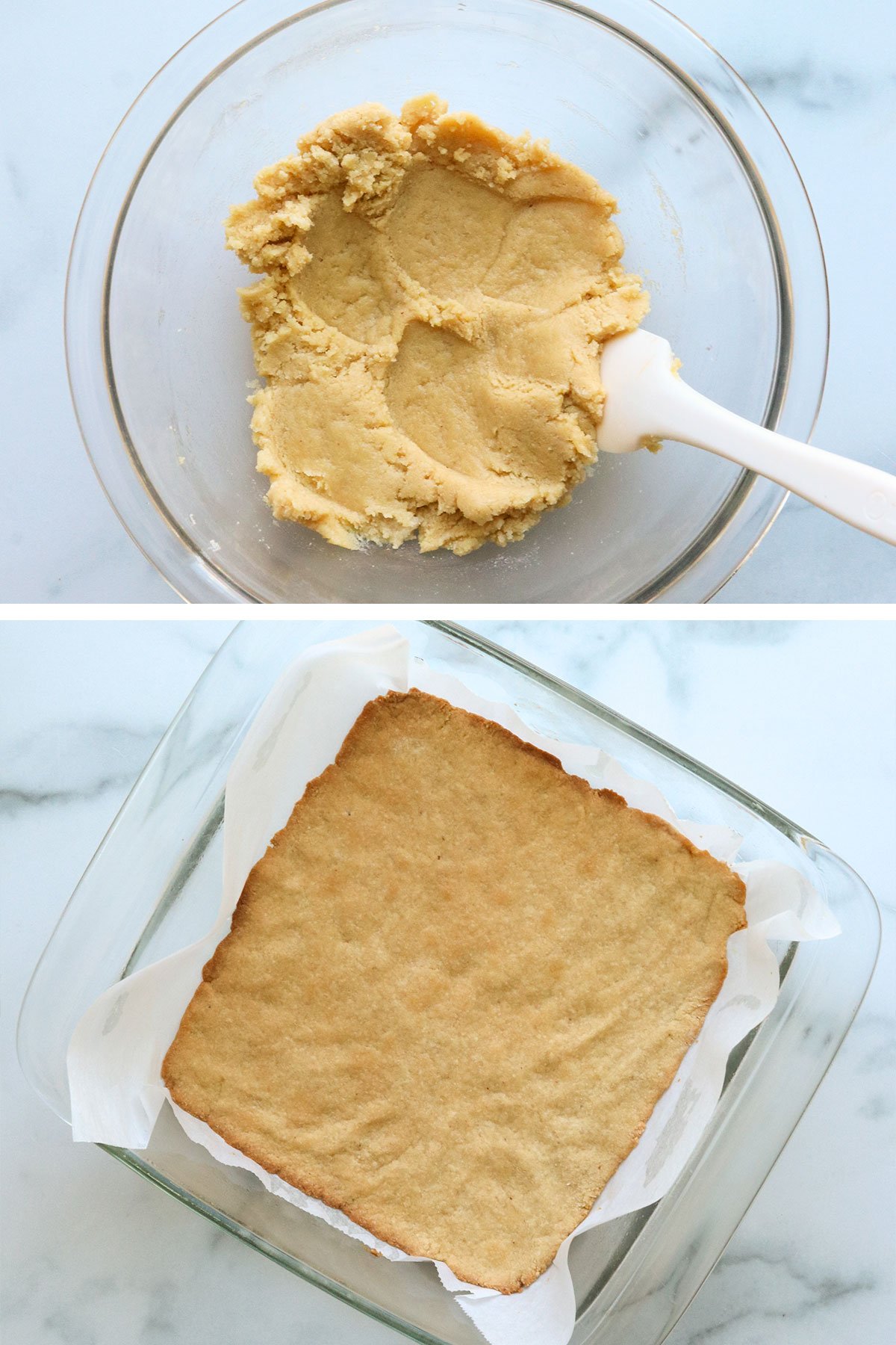 almond flour crust baked in square dish.