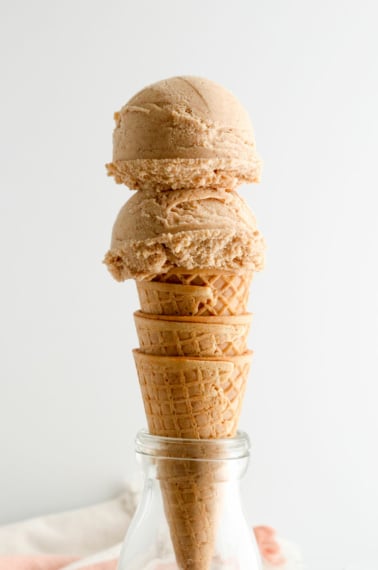 almond milk ice cream scoops on cone