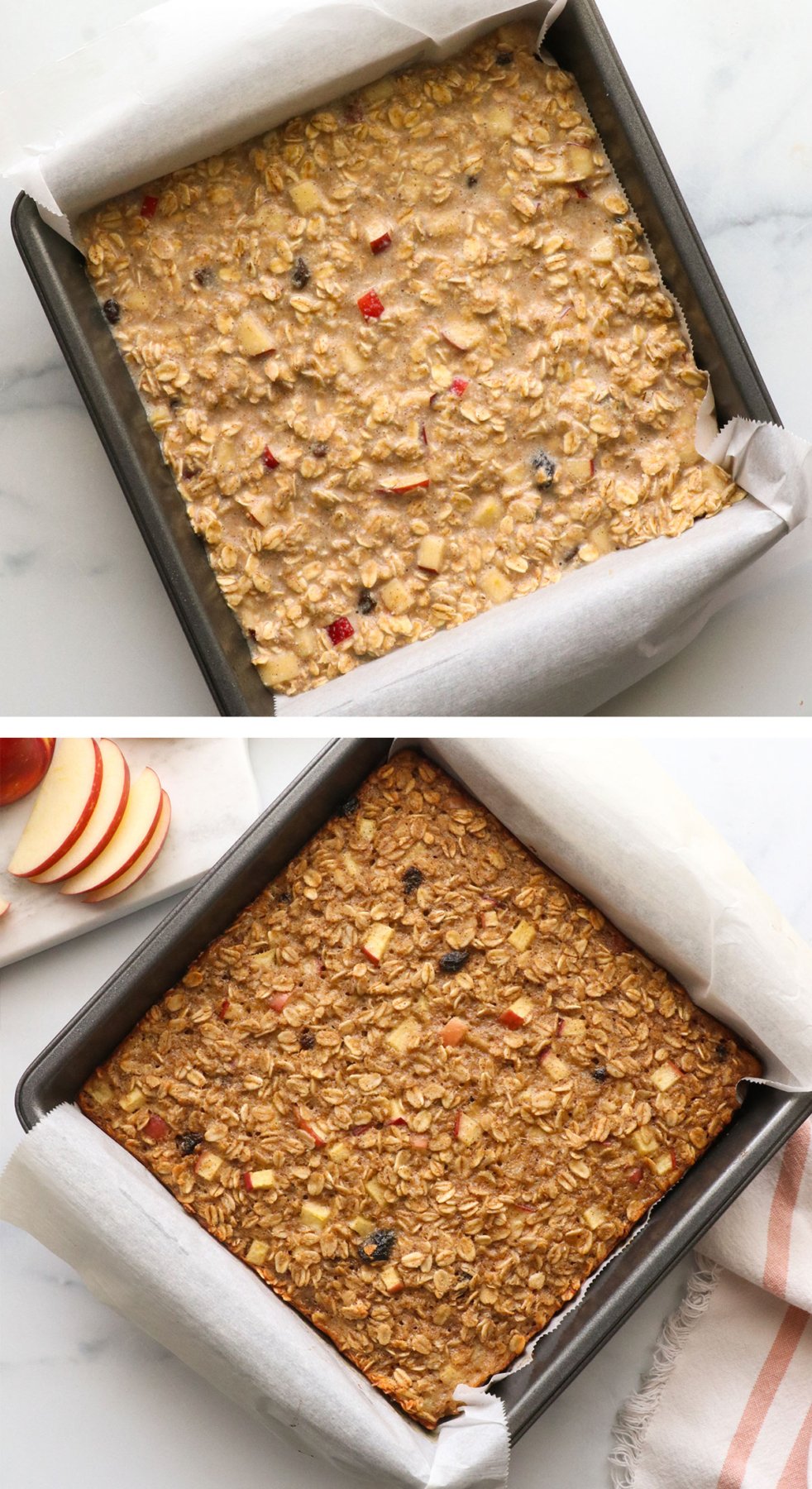 apple baked oatmeal in a pan before and after baking.