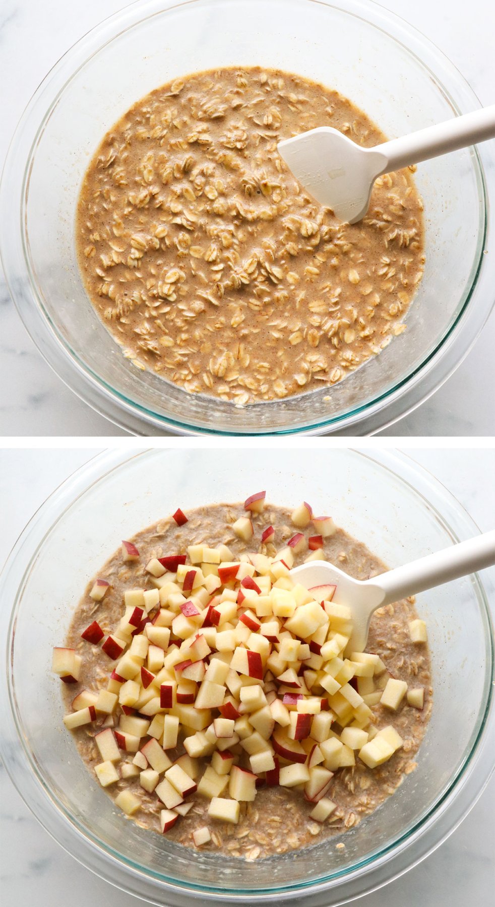 oat. mixture stirred together in a glass bowl with chopped apple added on top.