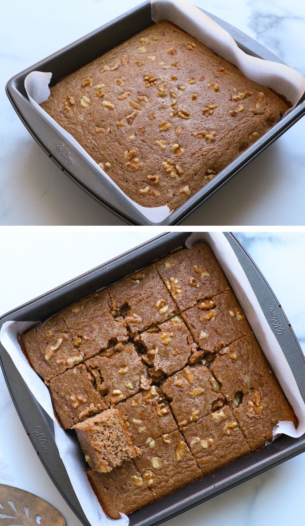 baked applesauce cake sliced into 16 squares with walnuts on top. 