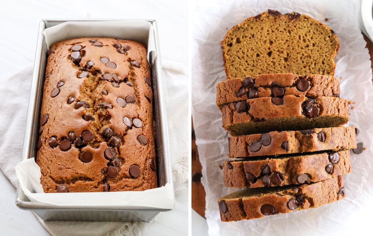 baked pumpkin bread cooling in pan and sliced.