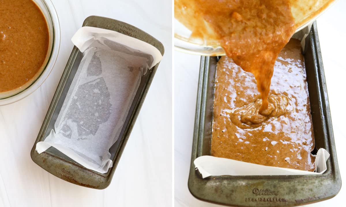 loaf pan lined with parchment paper and batter added.