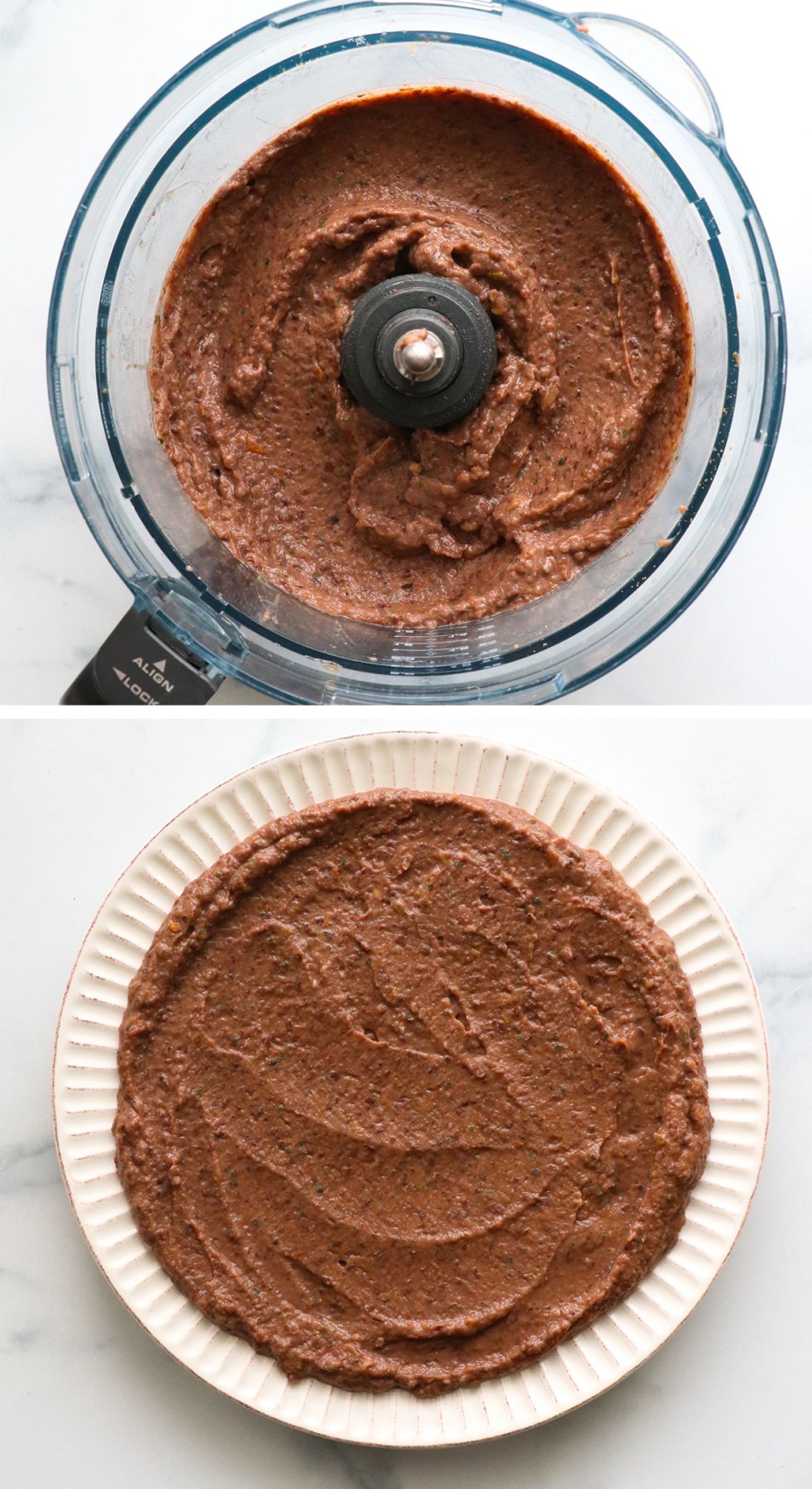 bean dip blended in food processor and spread on a round plate.