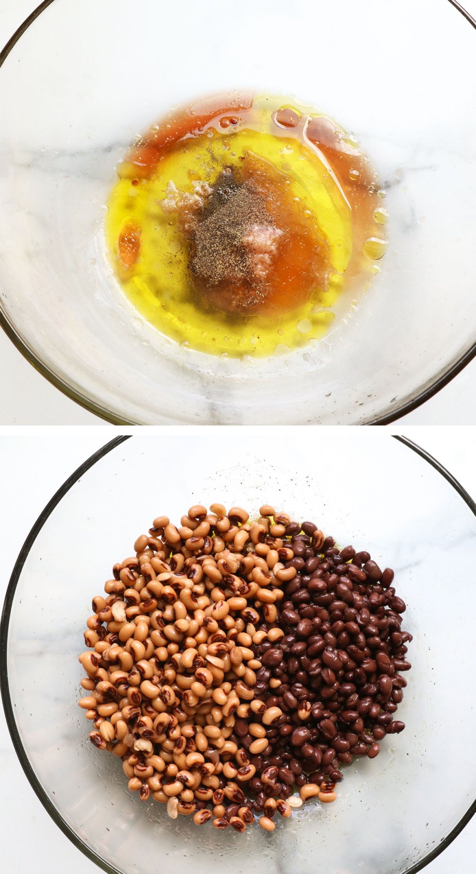 dressing and beans added to a large glass bowl.