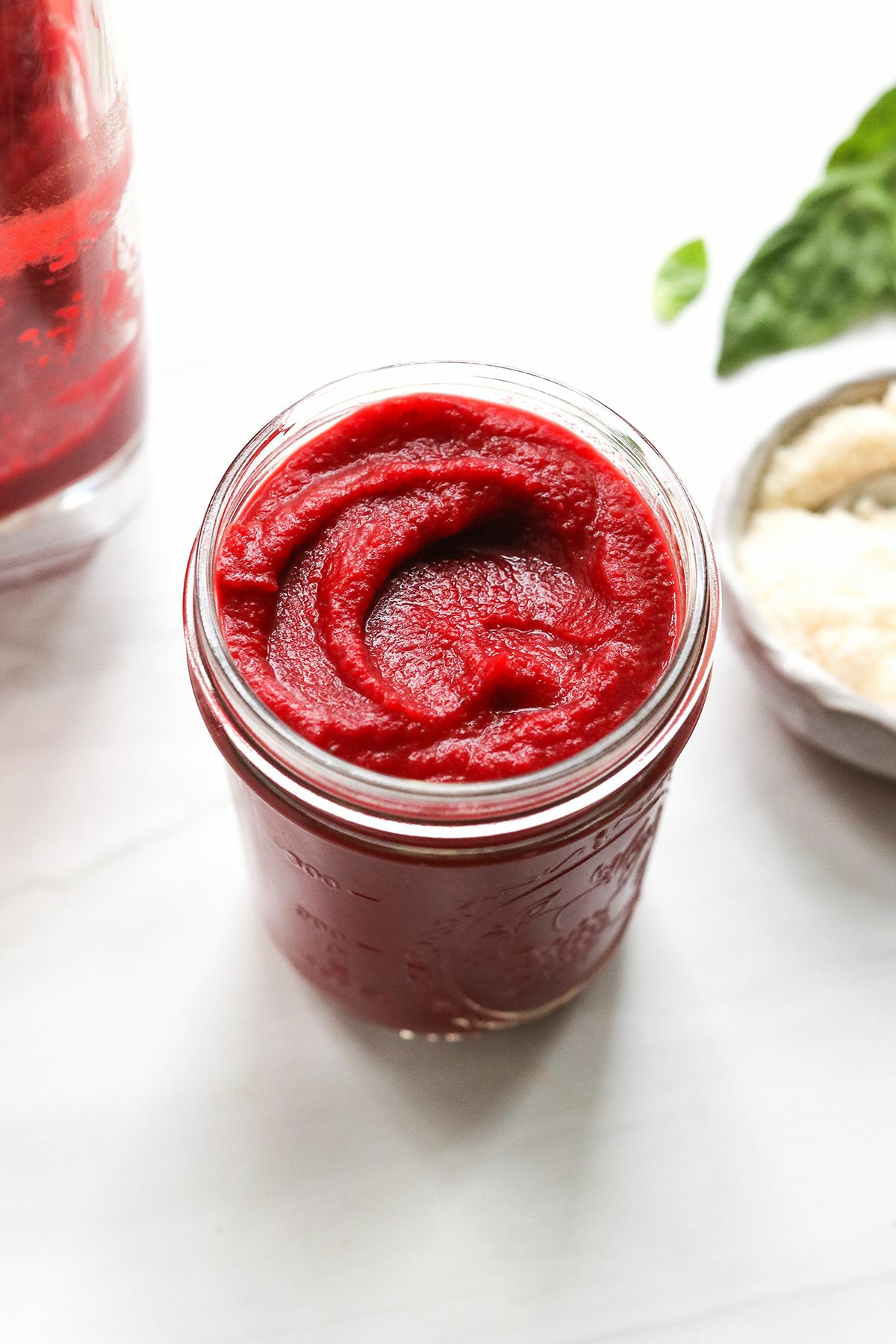 nomato sauce in a glass mason jar.