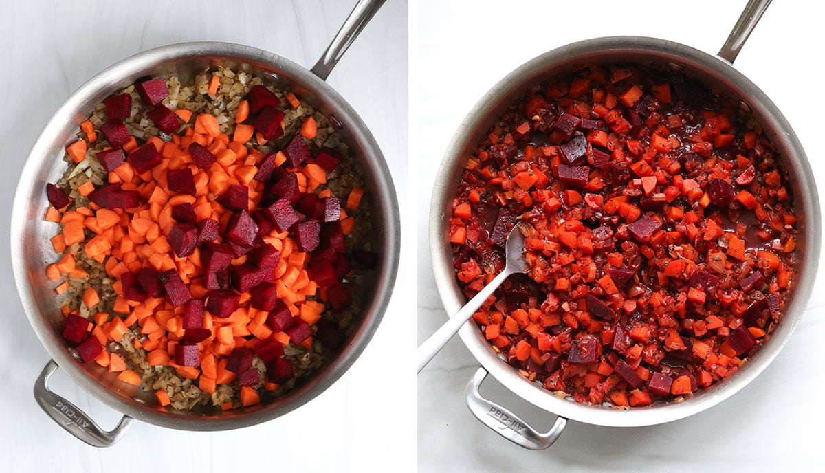 beets and carrots cooked until tender in skillet.