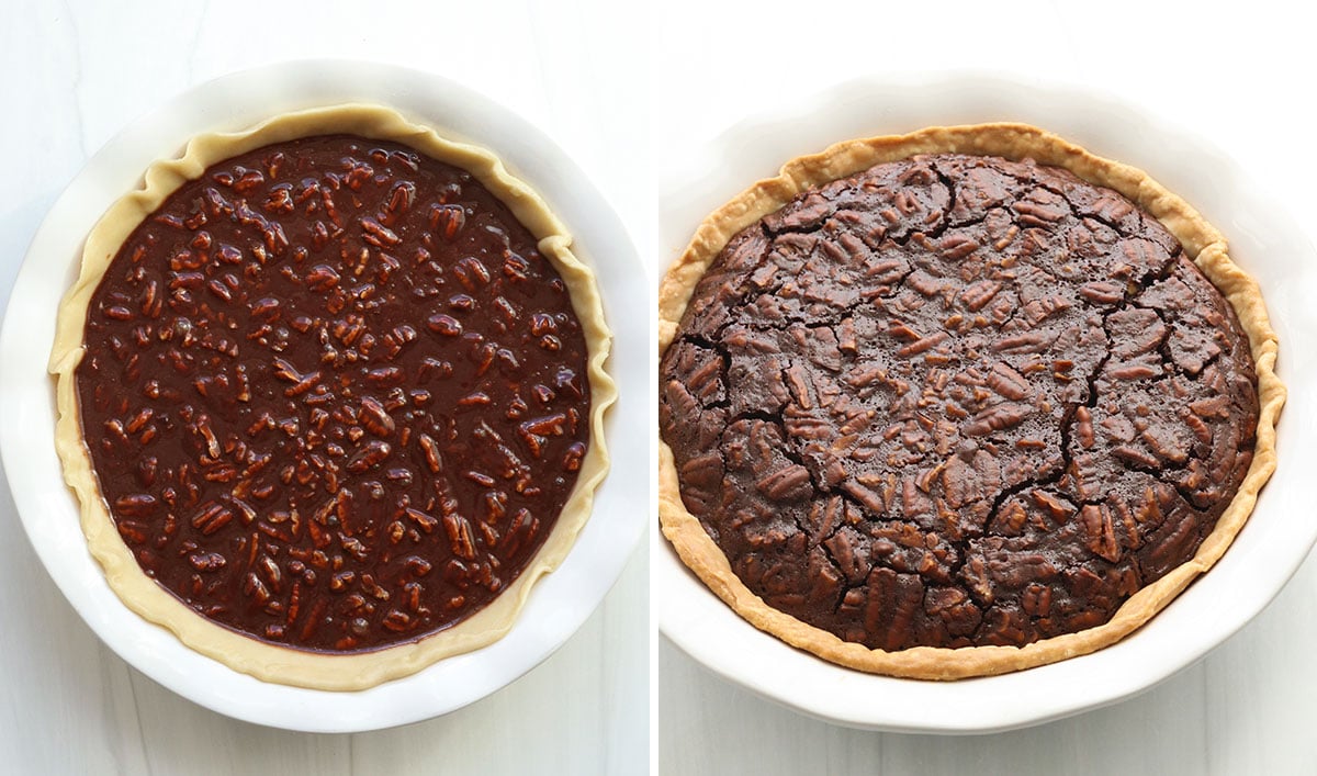 chocolate pecan pie before and after baking in a pie pan.