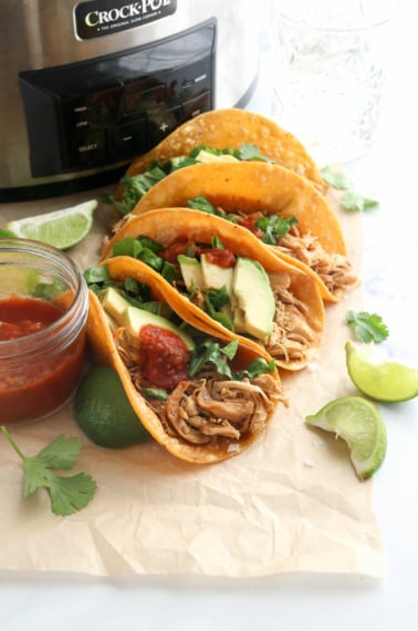 chicken tacos in front of slow cooker