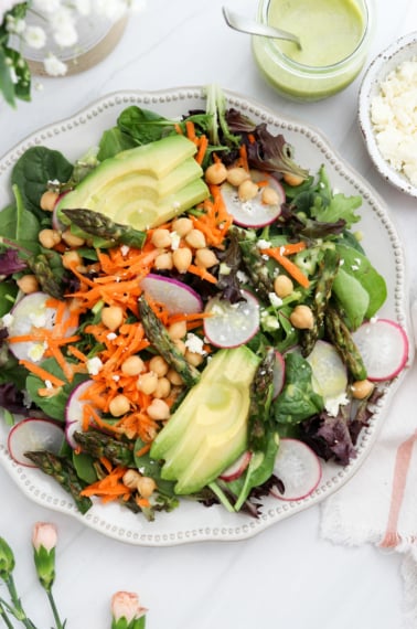 pretty spring salad with flowers.