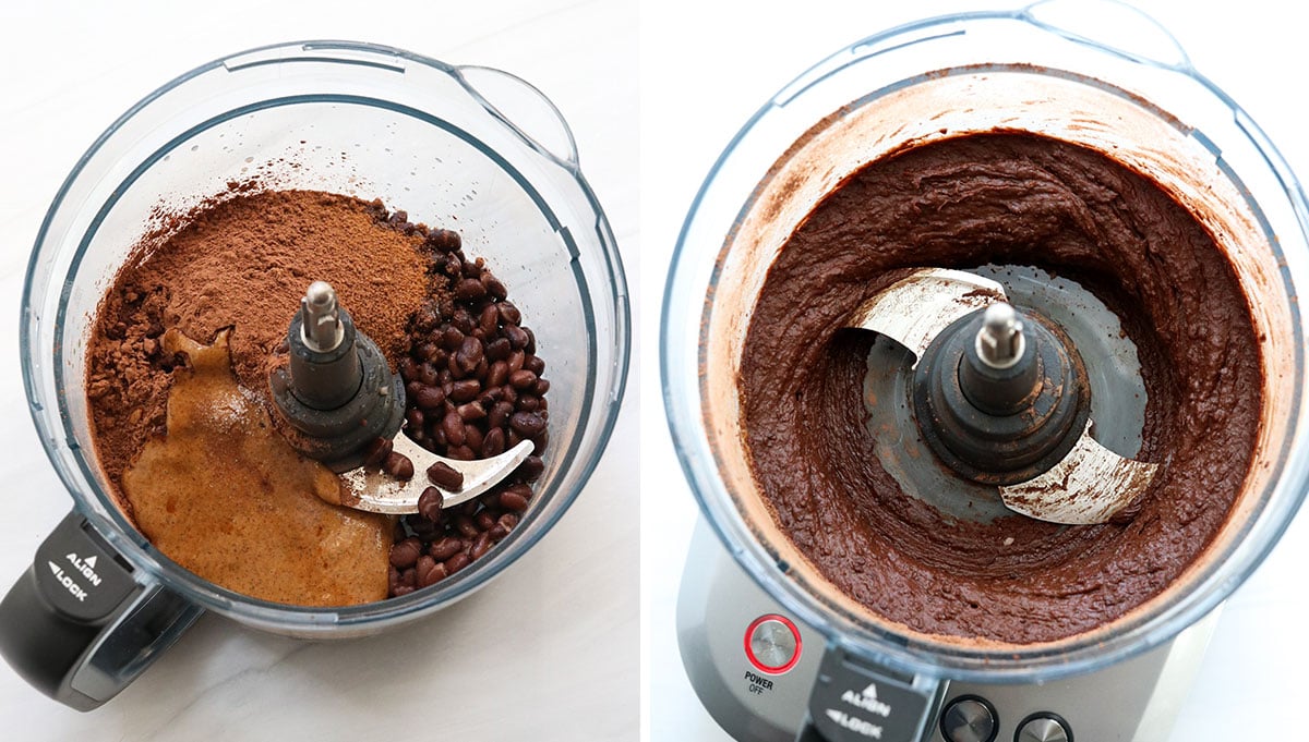 chocolate hummus ingredients in food processor.