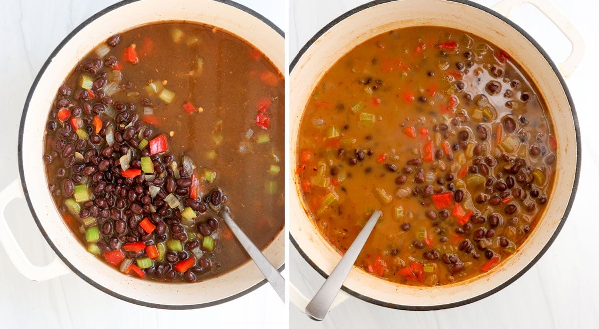 black beans and broth simmered in white pot.