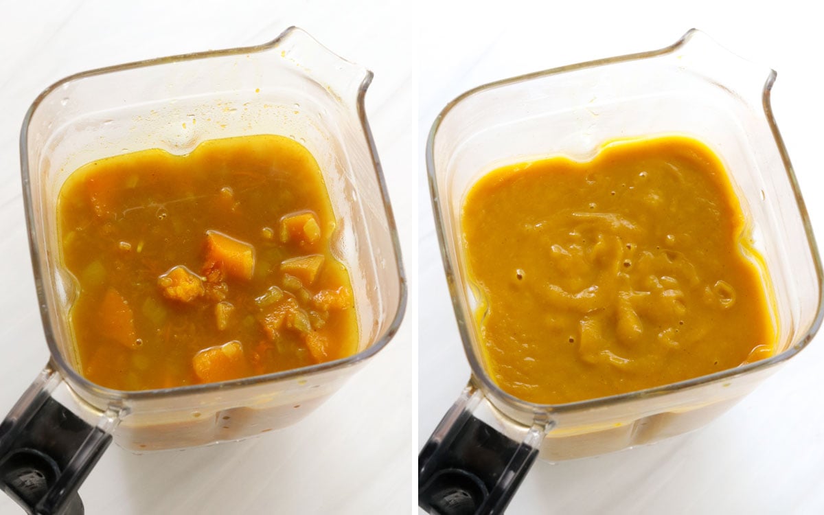 butternut soup blended in blender container.