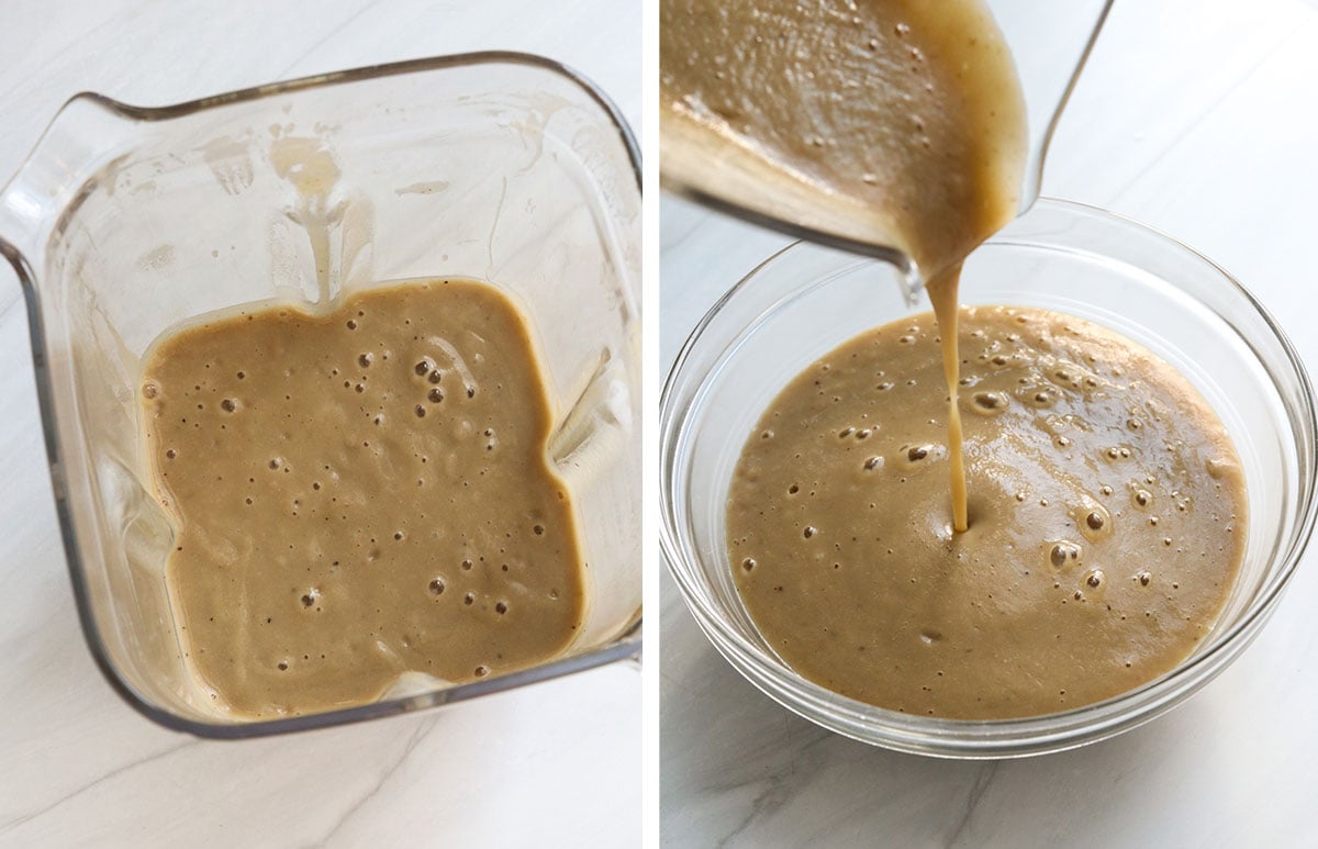 blended mushroom gravy poured into bowl.