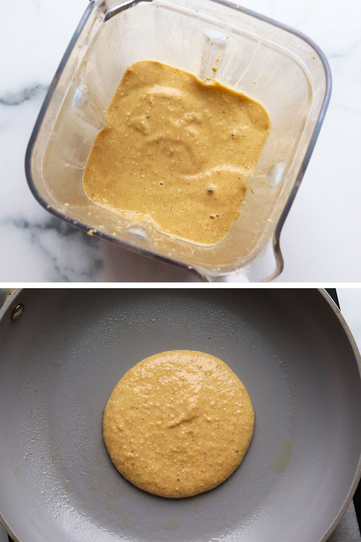 blended pancake batter in a blender and cooked in a skillet.