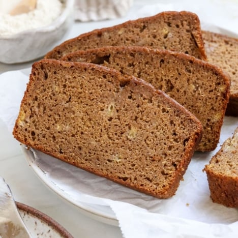 buckwheat banana bread slices on plate.