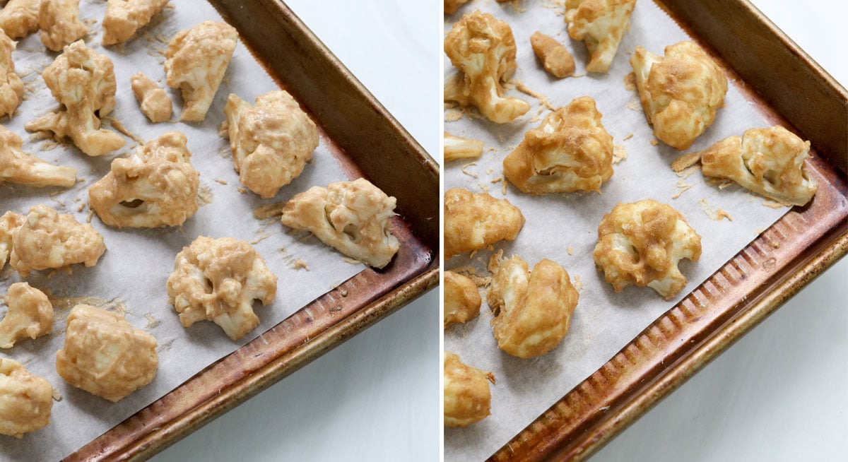 cauliflower before and after baking on pan.