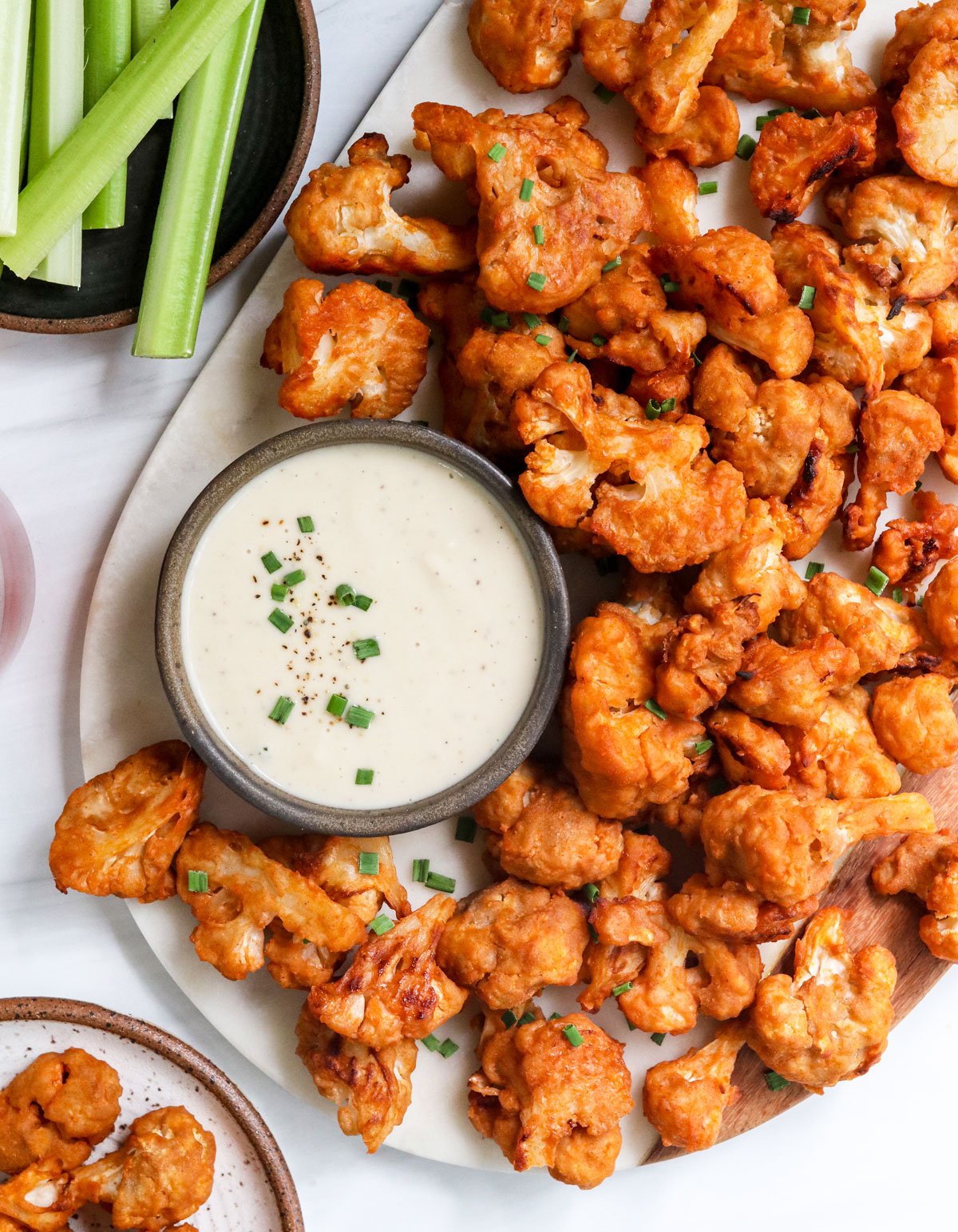 buffalo cauliflower served with blue cheese dip.