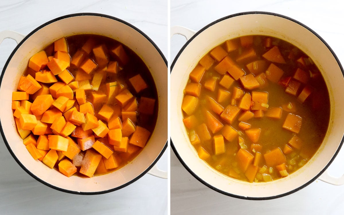 butternut squash and liquid simmered in pot.