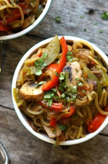 Overhead cajun zucchini noodle pasta