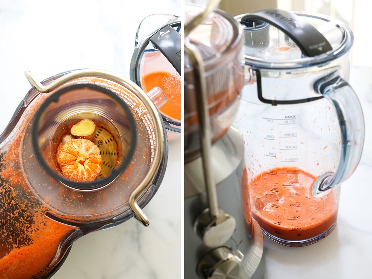 oranges in juicer chute and juiced into the pitcher.