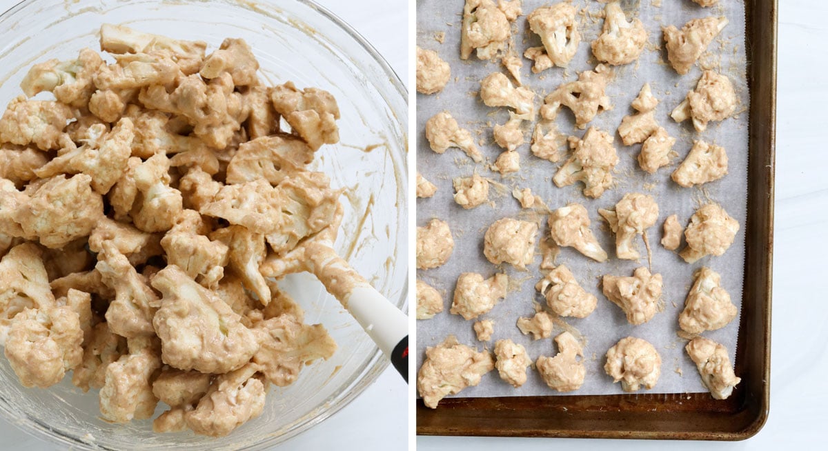 cauliflower stirred in the batter and arranged on pan.