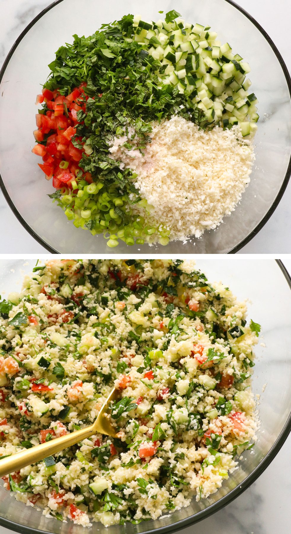 riced cauliflower, parsley, green onion, mint, and cucumber stirred together in a large bowl. 