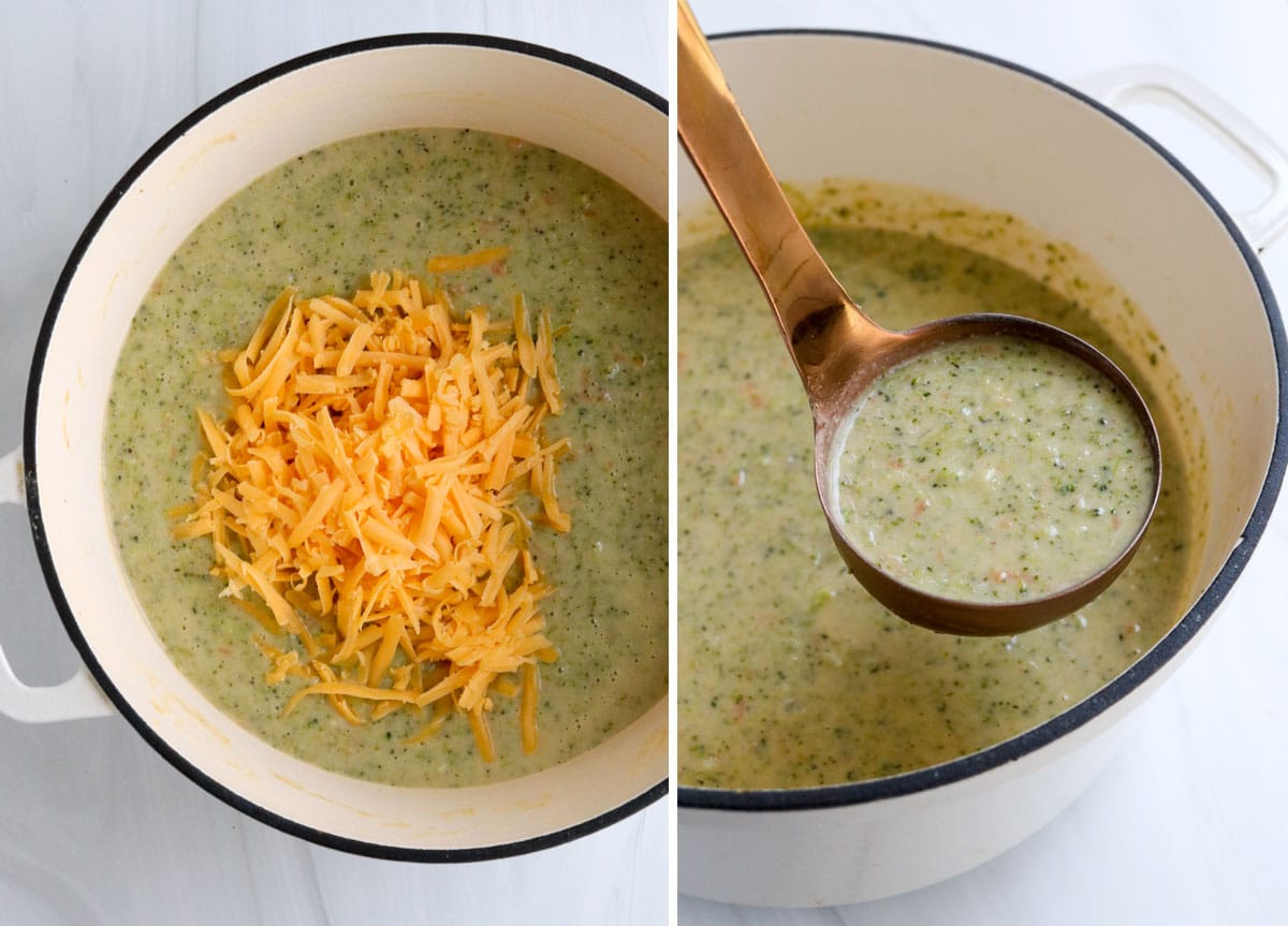 cheese added to soup and served on ladle.