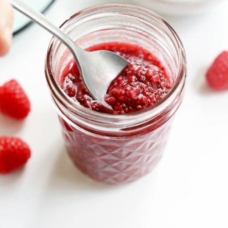 chia jam on a spoon