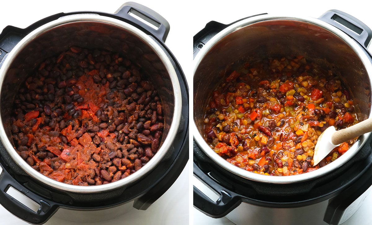 vegan chili cooked in the Instant Pot and stirred to show the texture.