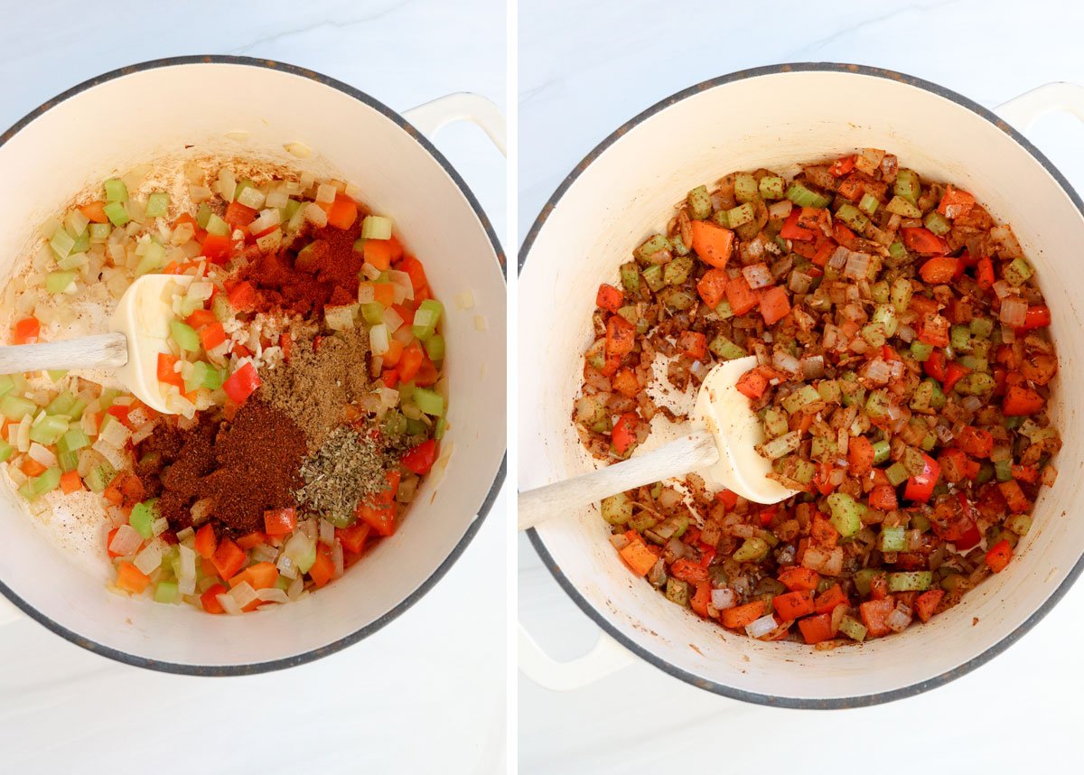 spices added to chili pot