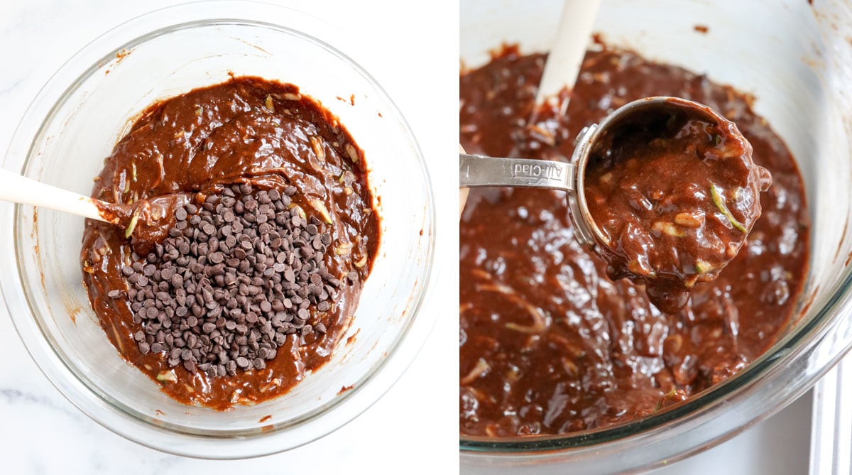 chocolate chips added to batter and scooped with a measuring cup.