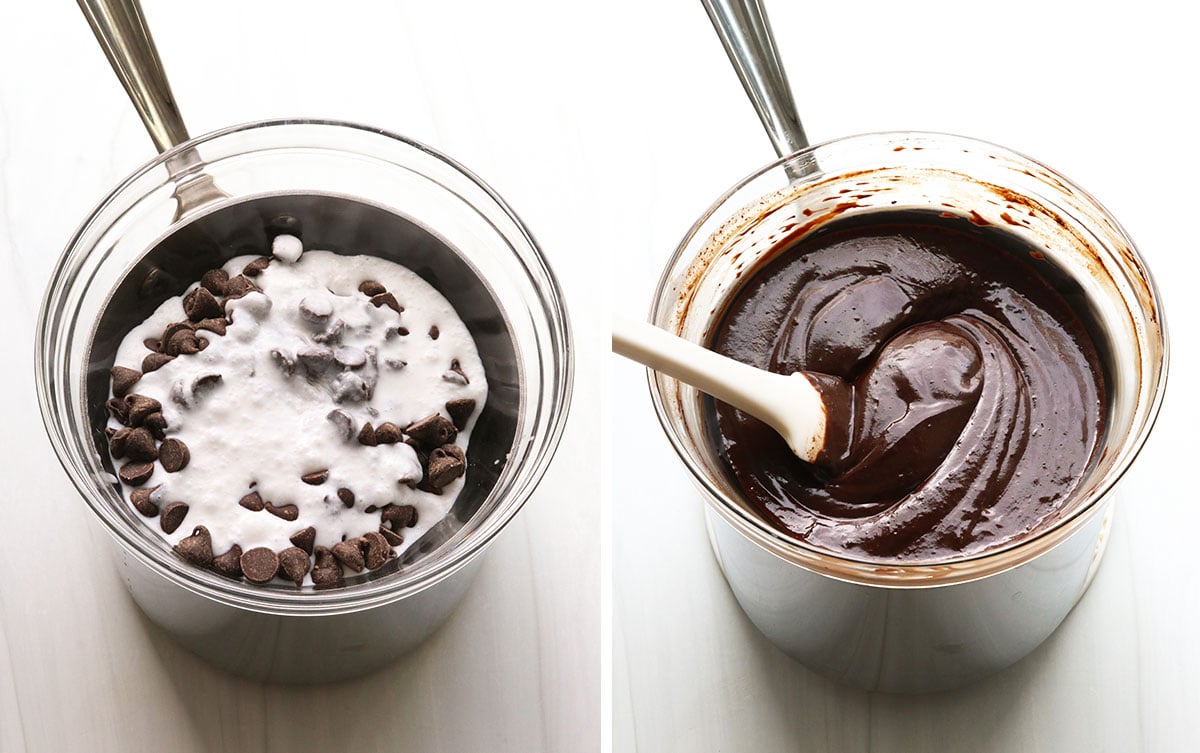 Chocolate chips and coconut milk melted together in a double boiler.