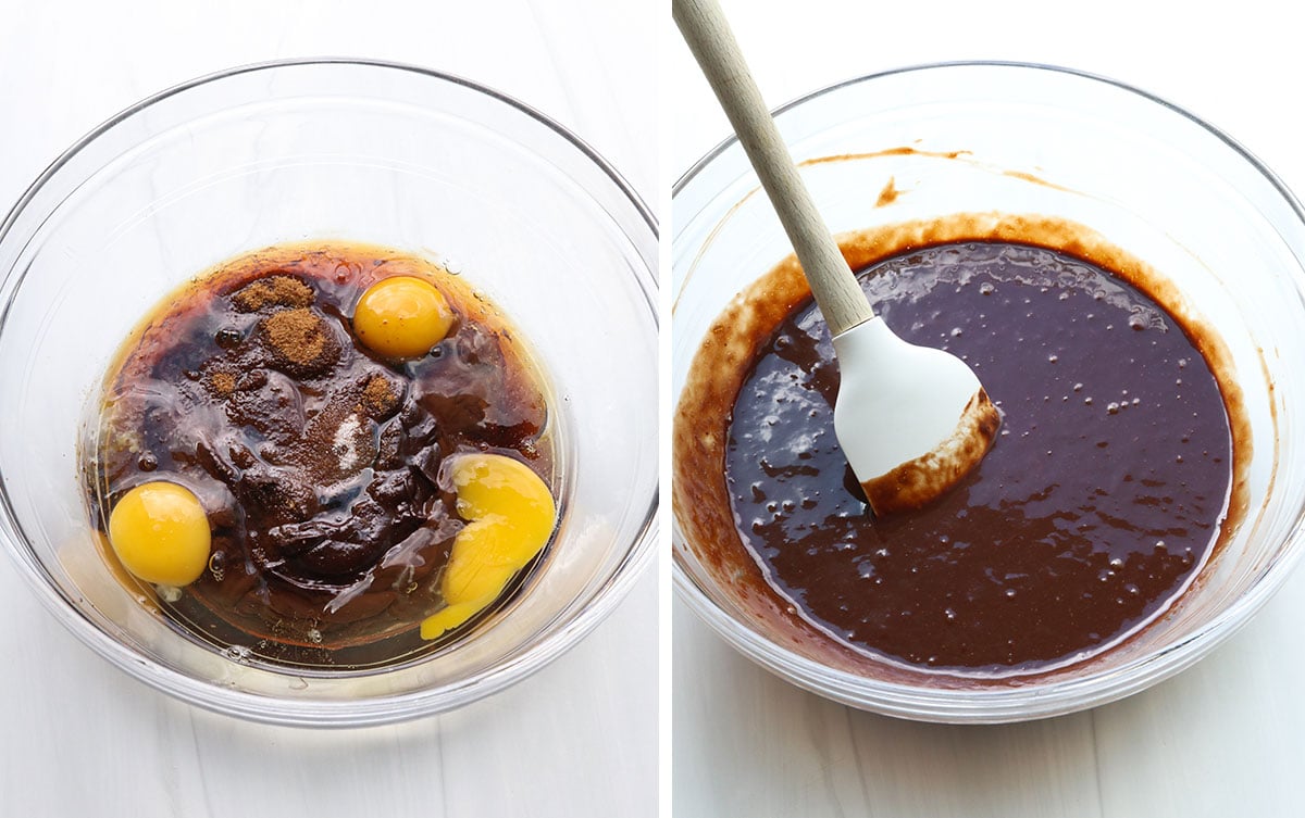 chocolate pecan pie filing mixed in a glass bowl.