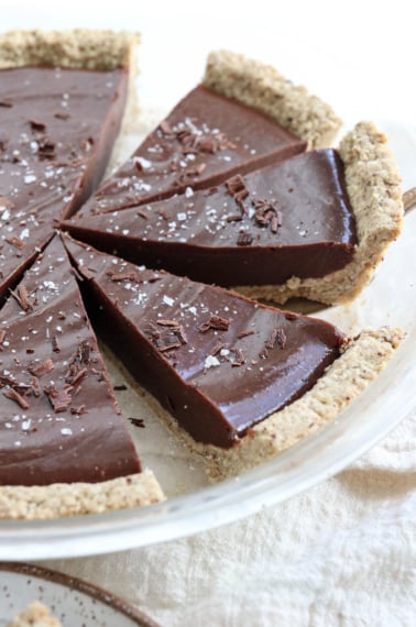 vegan chocolate tart with salt on top