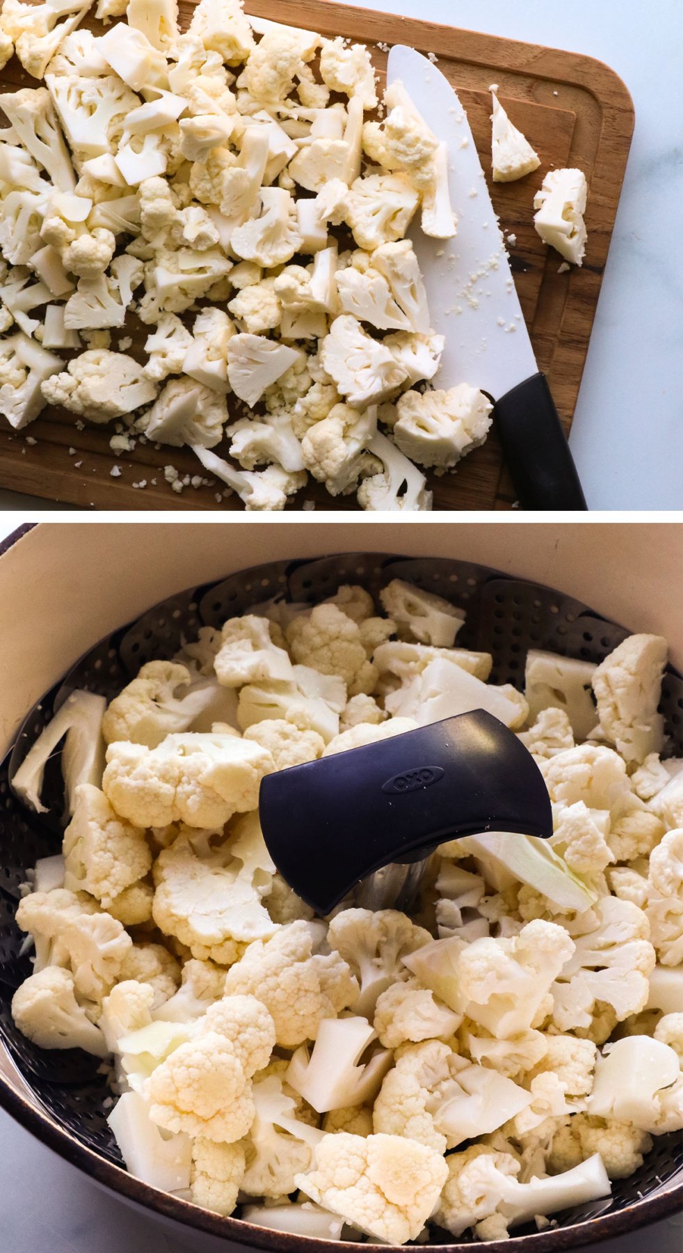 shopped cauliflower on a board and in a steamer basket.