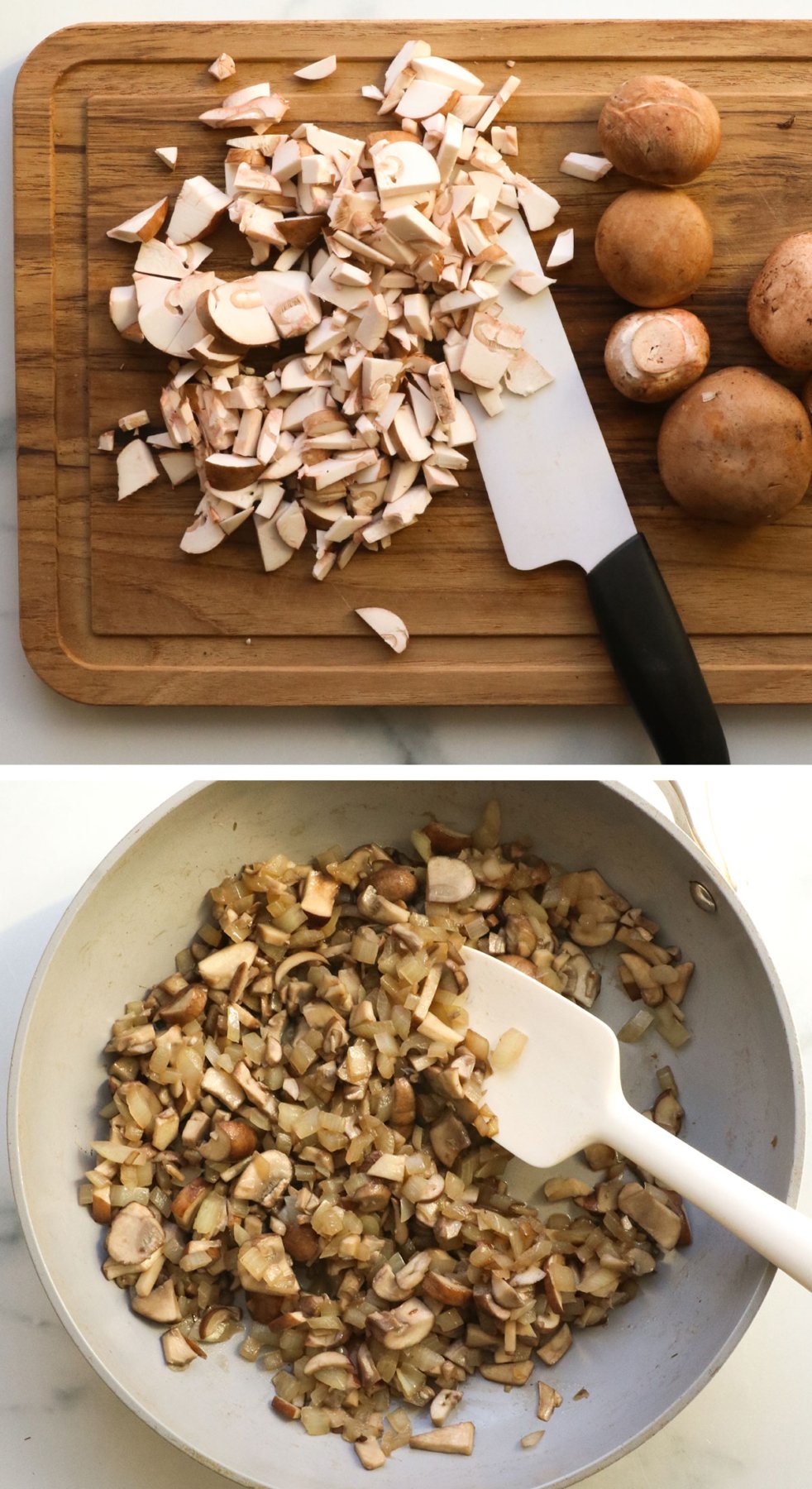 chopped mushrooms on a cutting board and sauteed with onions in a pan.