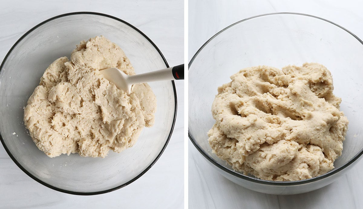 gluten free dough resting in glass bowl to rise.