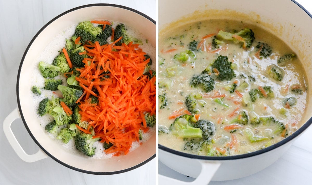 broccoli and carrots simmered in soup pot.