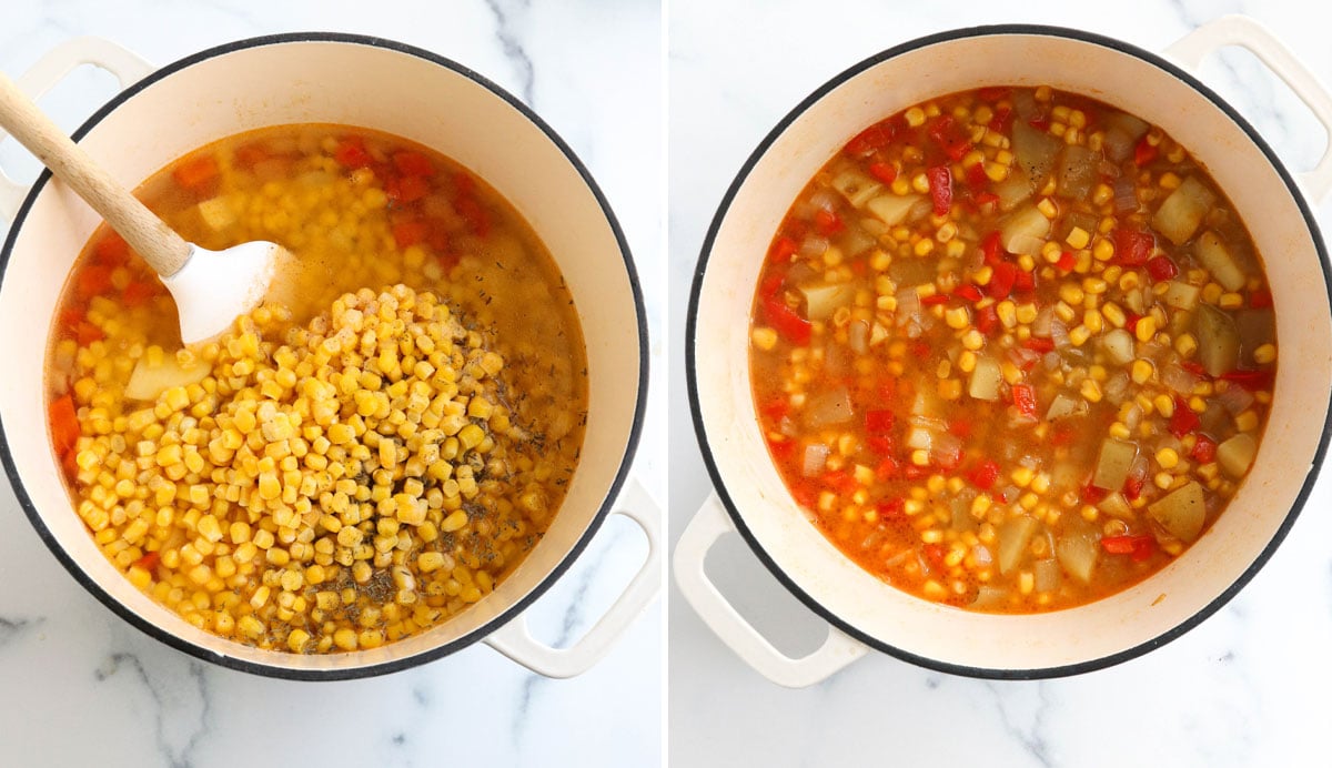 corn chowder ingredients added to pot and cooked