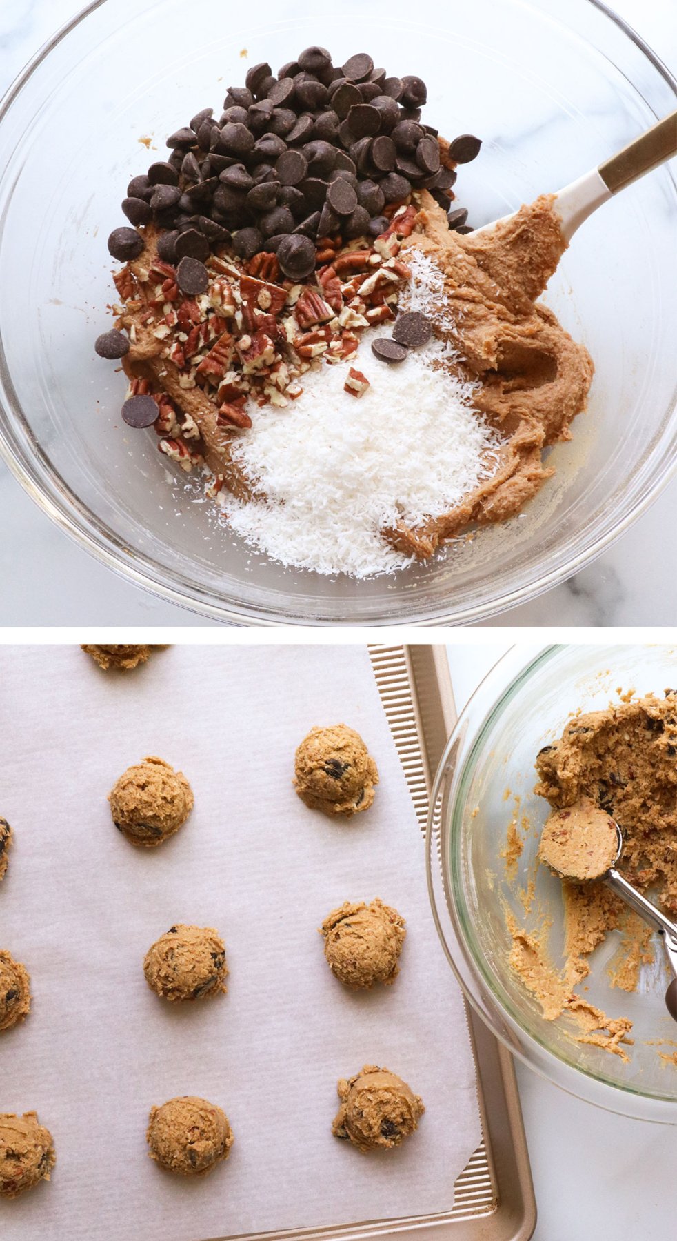 shredded coconut and pecans added to cookie dough, plus mounds added to a baking sheet.