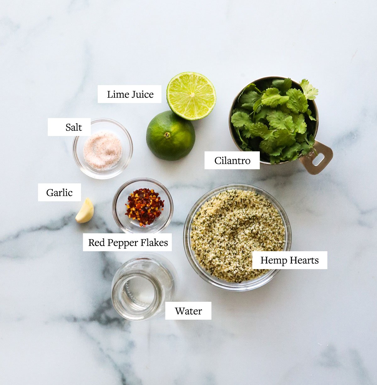 Creamy cilantro sauce ingredients labeled on a marble surface.