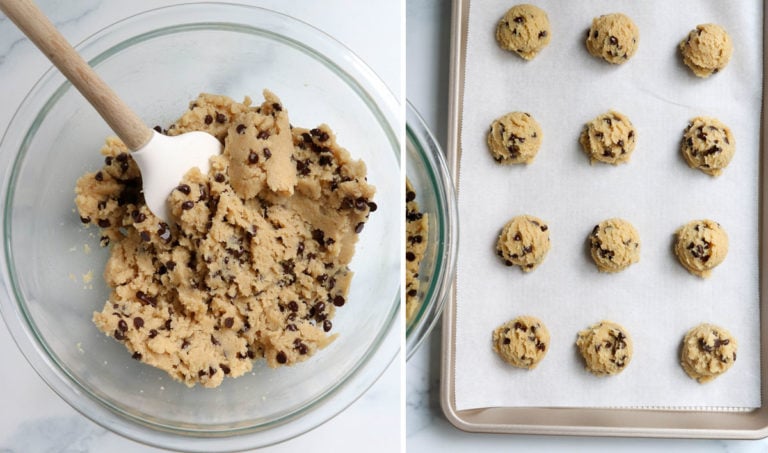 chocolate chips added and scoops on pan