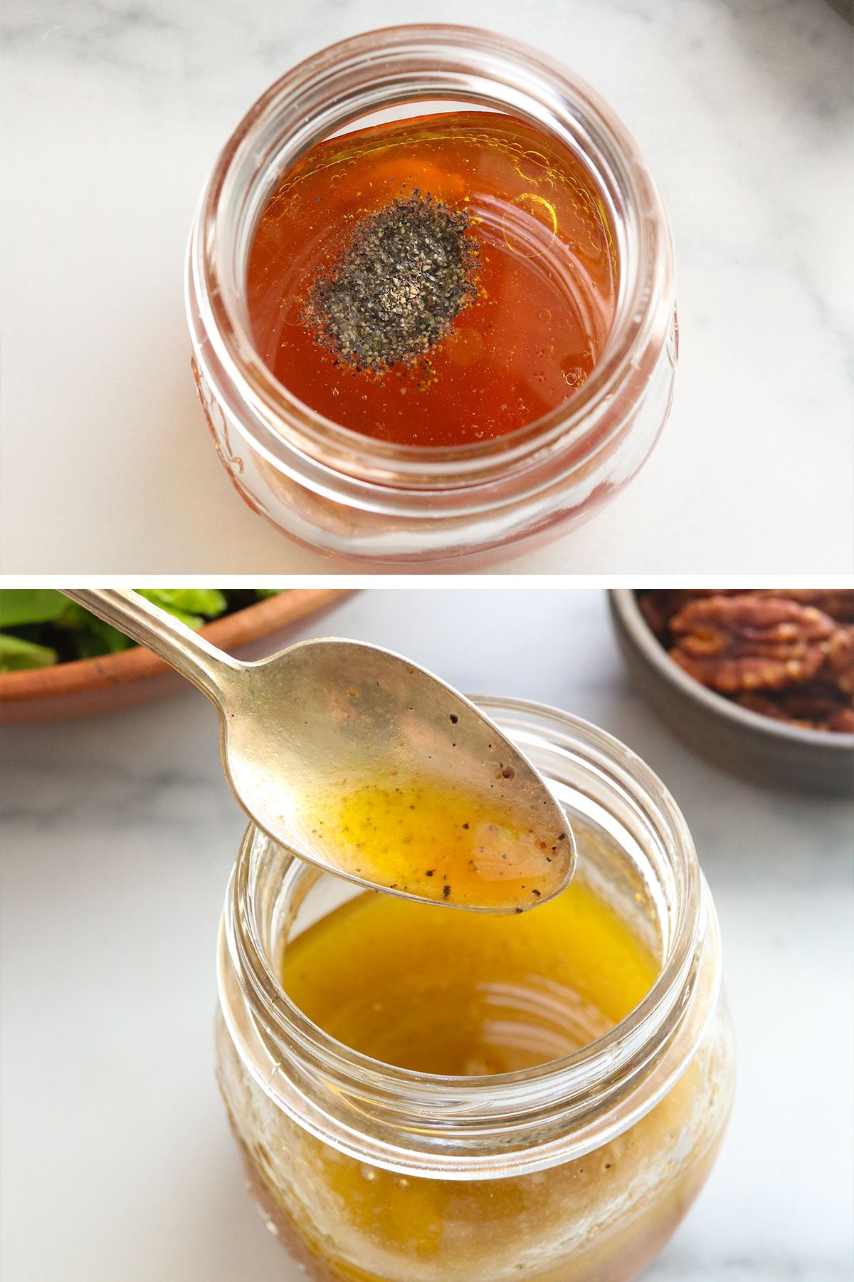 vinaigrette mixed in glass jar for pear salad.