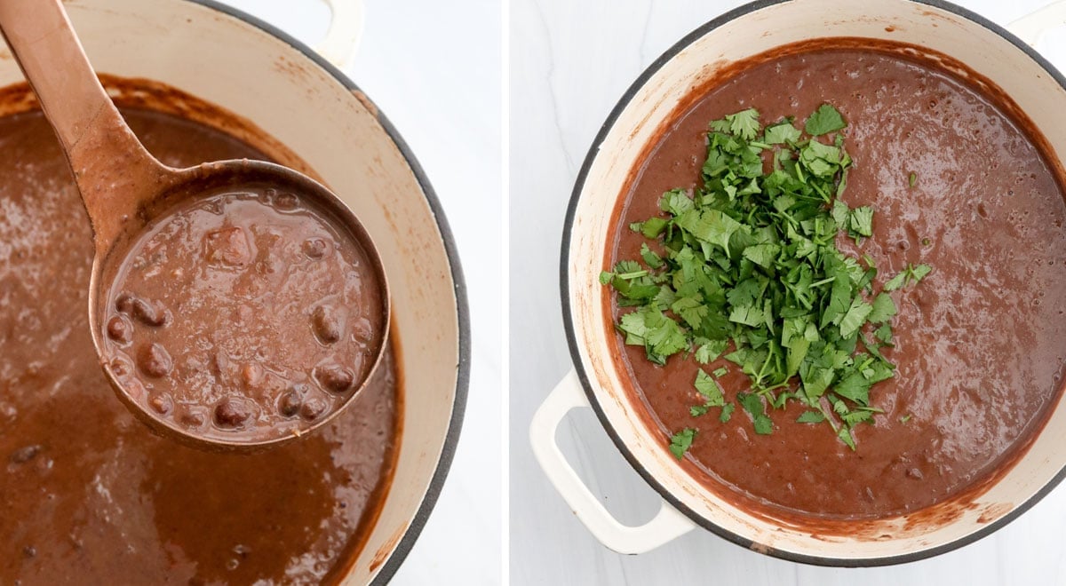 puree added to soup and cilantro added to pot.