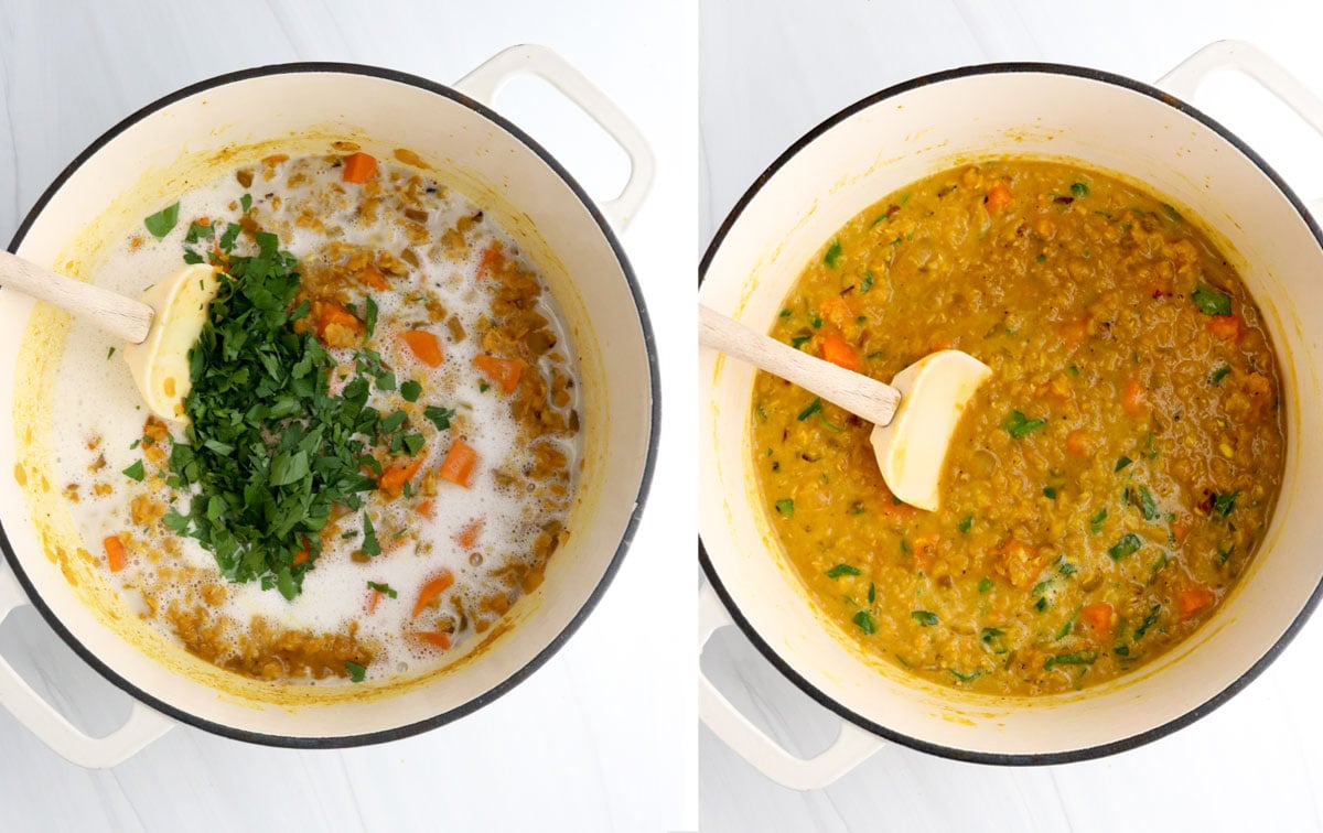 coconut milk and cilantro added to the finished dish in pot