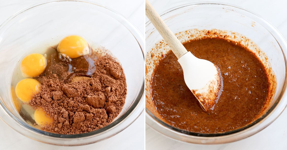 chocolate cake batter mixed in a bowl.