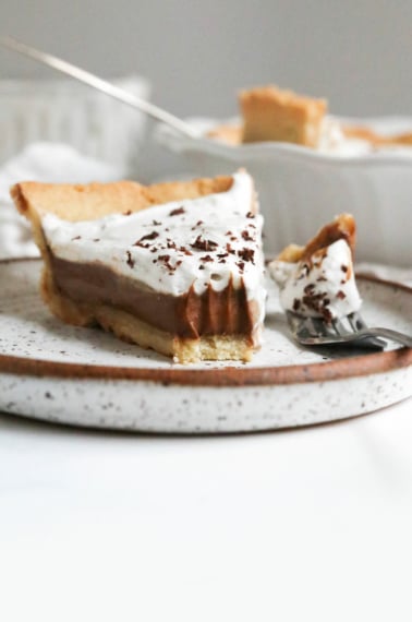 vegan french silk pie slice on plate