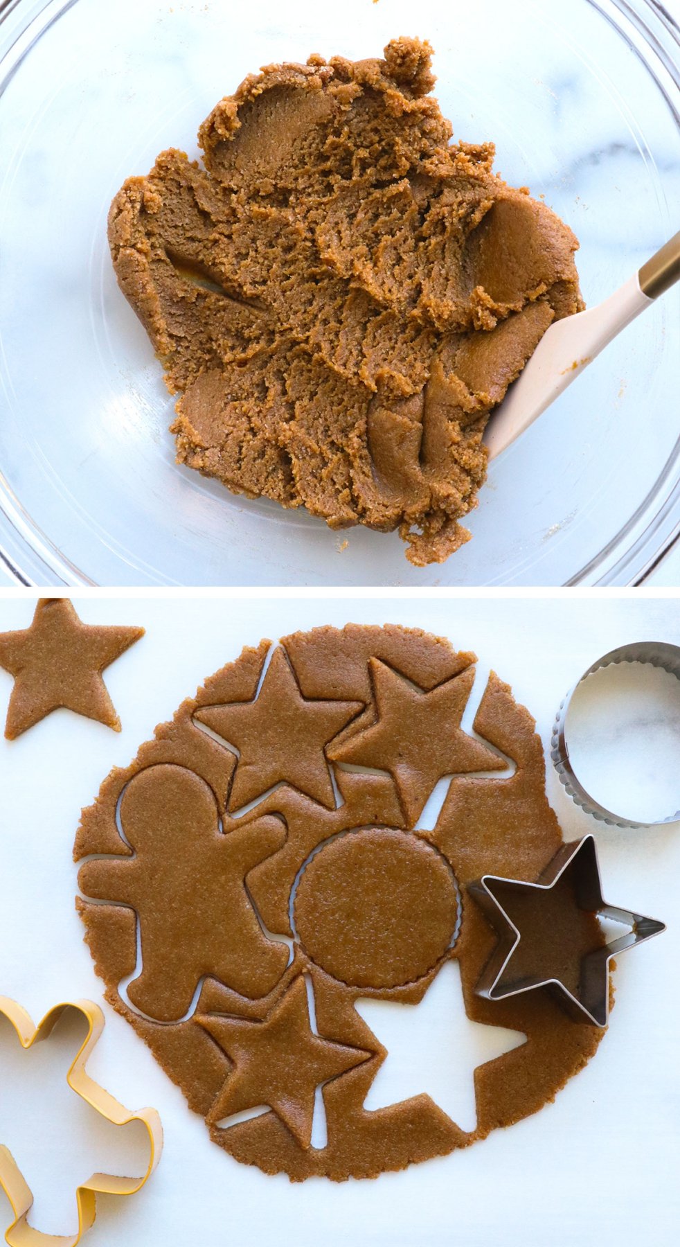 almond flour gingerbread dough mixed in a bowl and rolled out for cookie cutters.